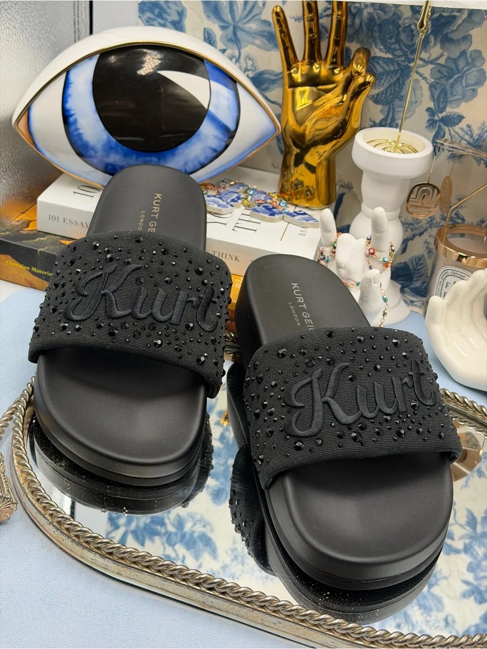 🆕 KURT GEIGER LONDON 🧿 NWOB Brockwell Black Embroidered Logo KURT Slide Sandal